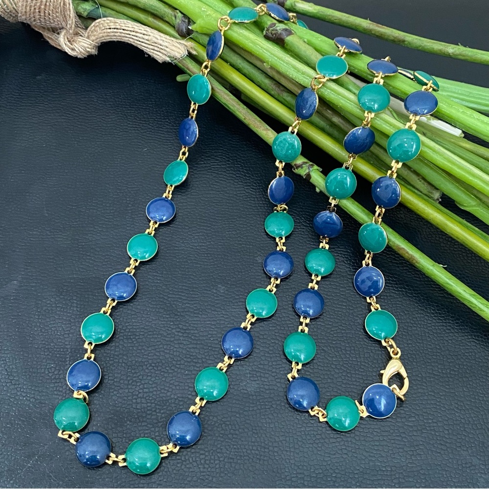 Vintage Unsigned Blue/Green Enameled 30” Necklace 33.9g